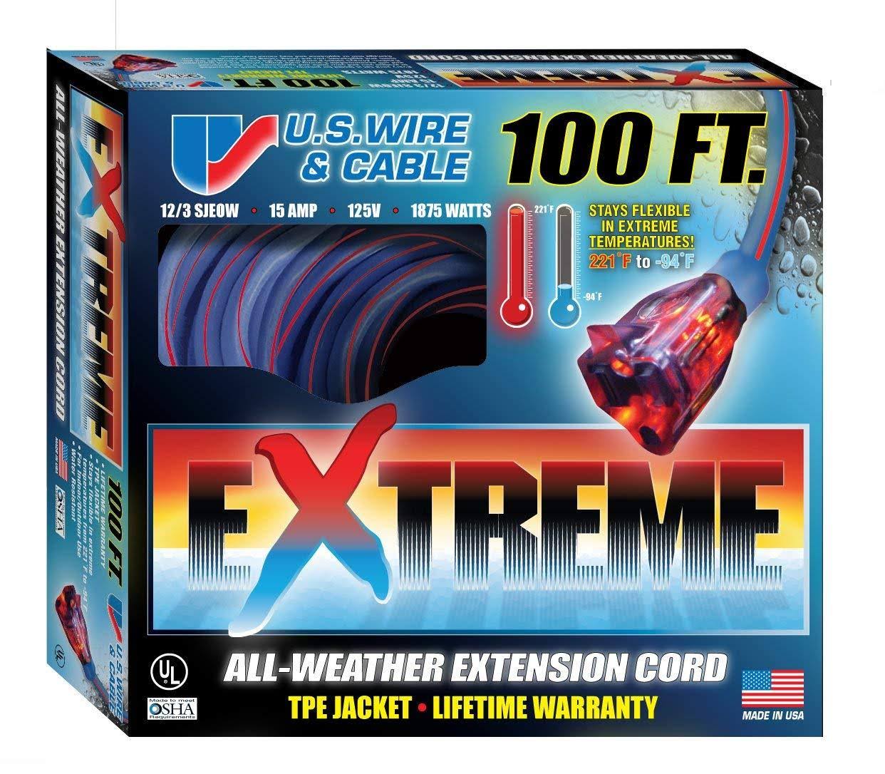 Cable De Extensión 12/3 De 100 Pies US Wire And Cable - Para Interior/Exterior, Resistente Al Agua, Color Azul