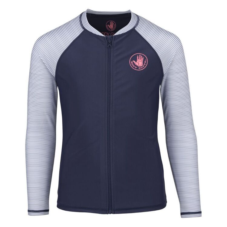Body Glove Youth Girls Long Sleeve Zip Striped Rash Vest Navy Stripe