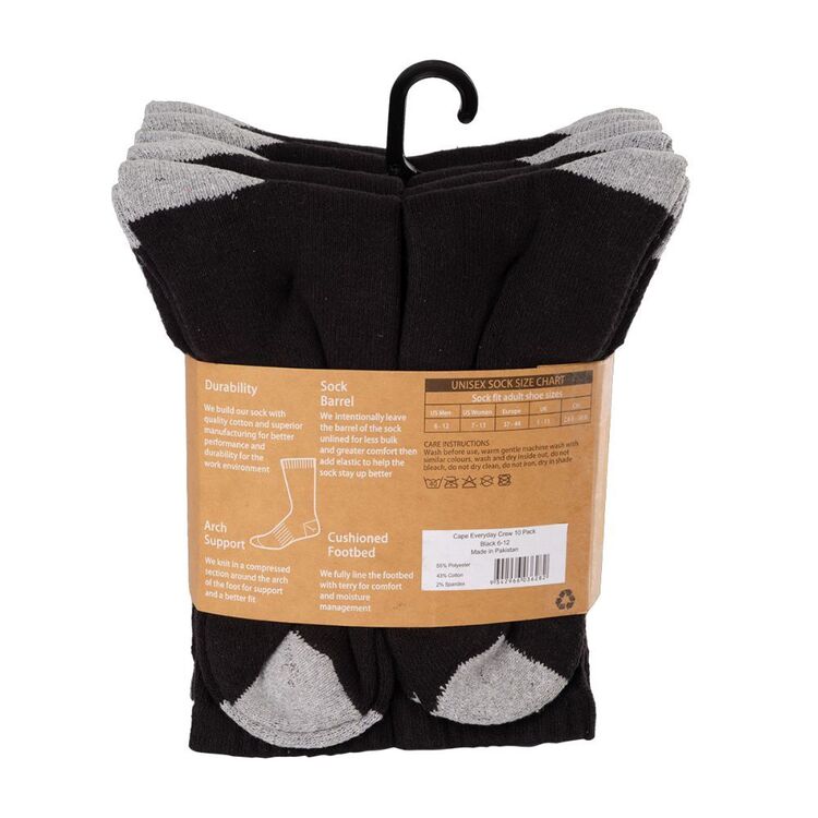 Cape Everyday 10 Pack Crew Socks Black 6-12