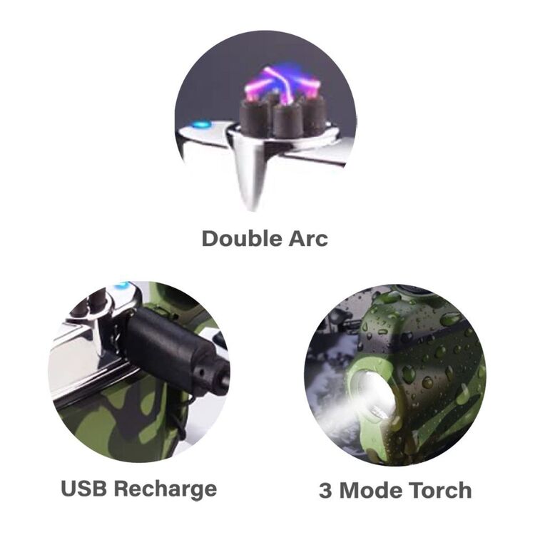 Spinifex USB Rechargeable Double Arc Camp Lighter With Torch & Whistle Camo