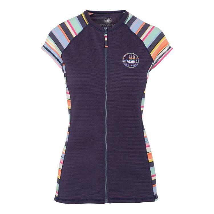Body Glove Women's Stripe Full Zip Cap Sleeve Rash Vest Navy & Print