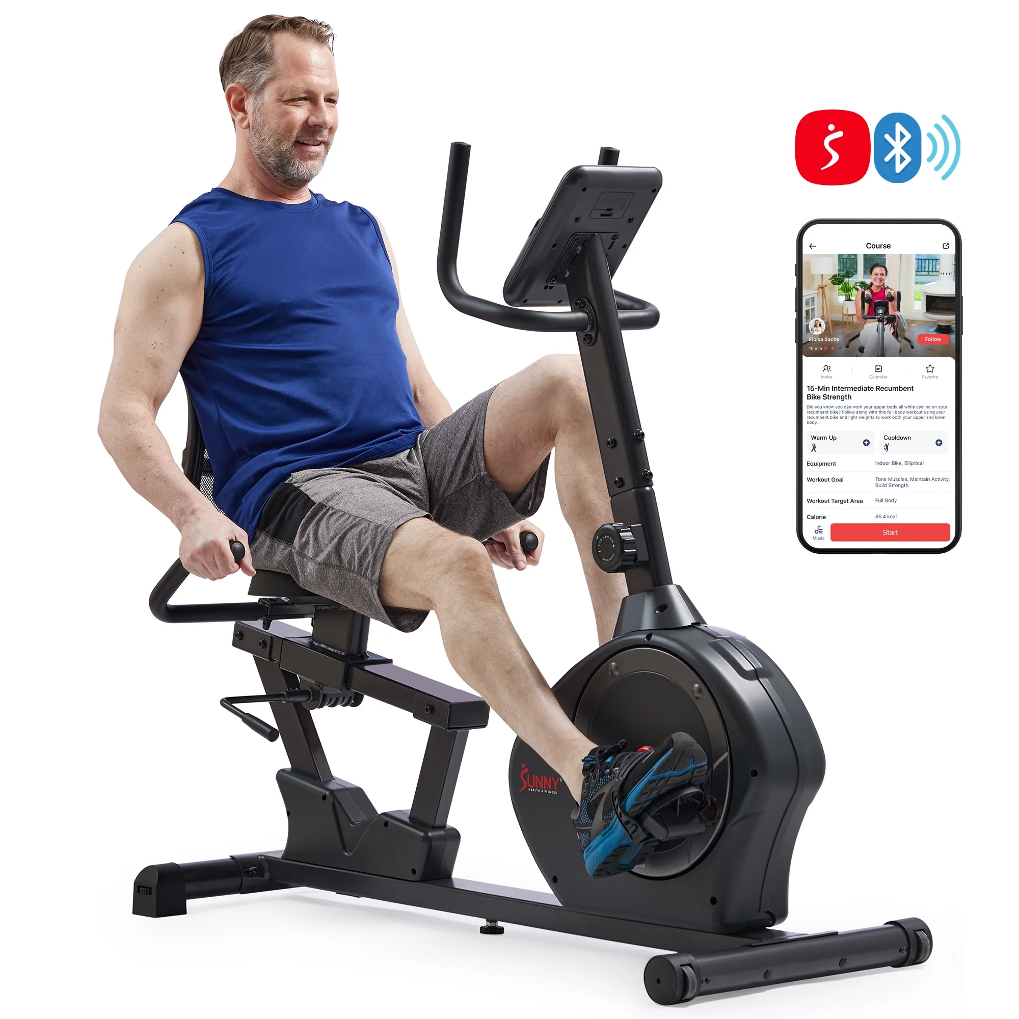 Sunny Health & Fitness Smart Recumbent Bike Exercise Machine, 350LB Capacity, Non-Crank Design, Cushion Seat for Adult/Seniors Workout at Home, Exclusive SunnyFit App Bluetooth Link - SF-RB424002