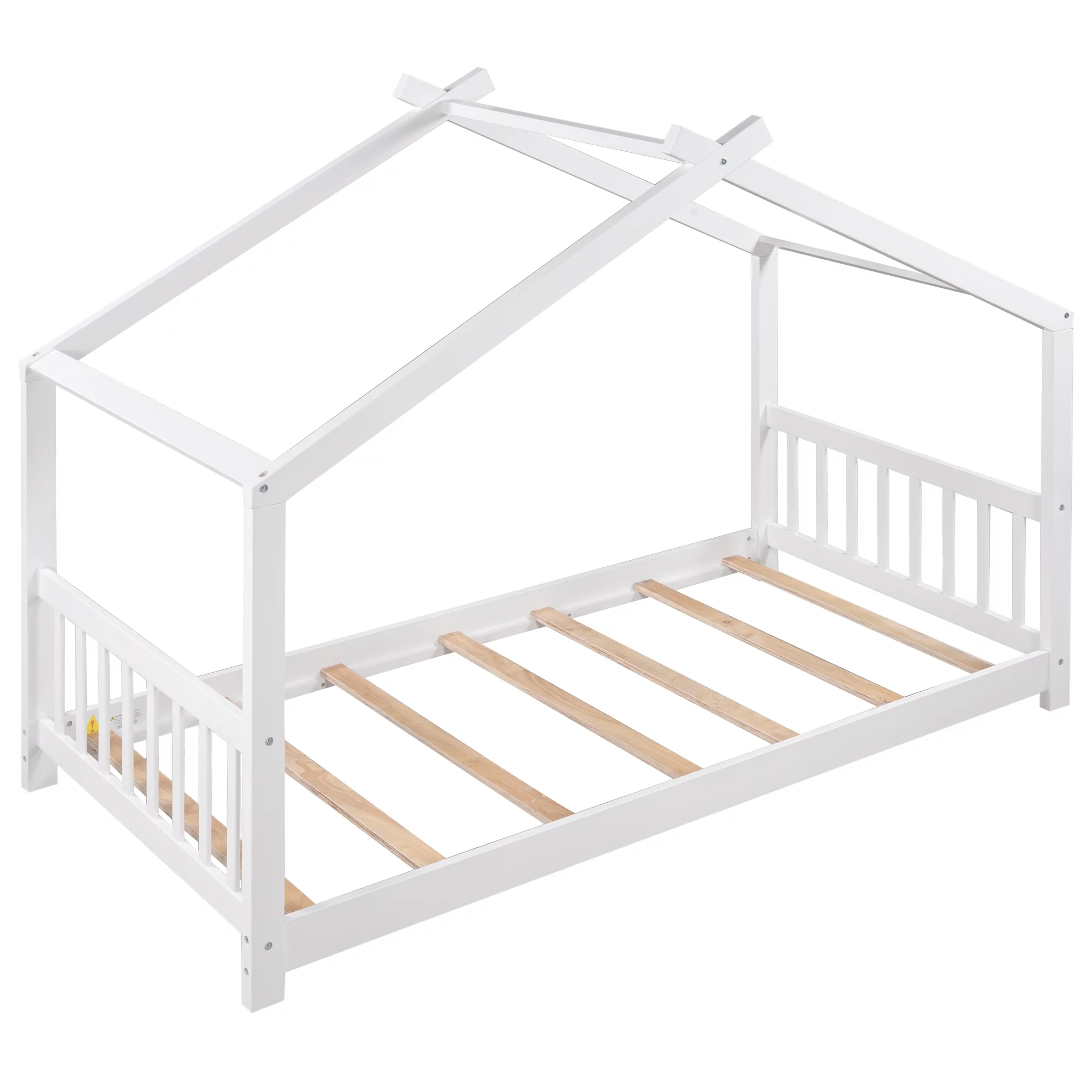 Twin Size White House Platform Bed with Roof Design Headboard and Footboard, Kids Bedroom Furniture