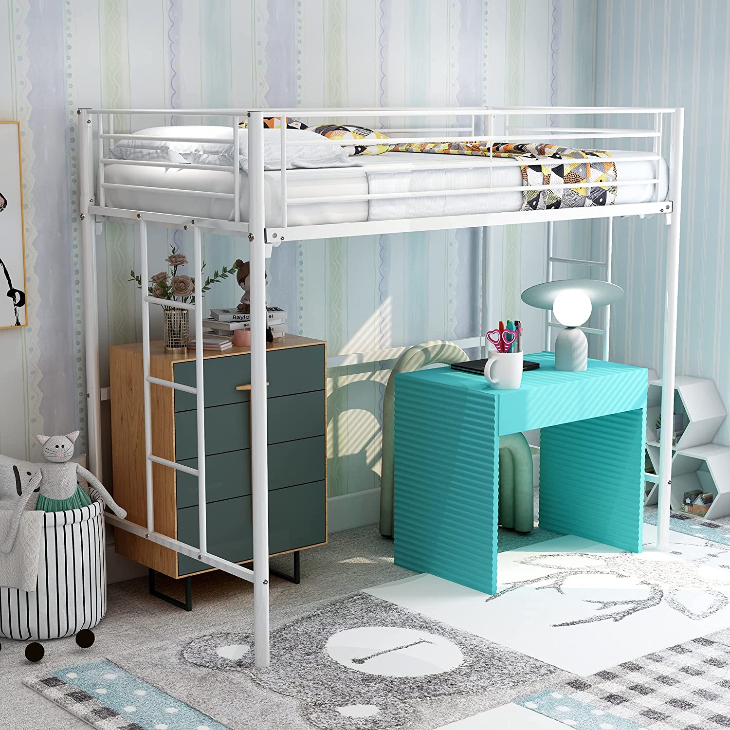 Metal Twin Loft Bed for Kids with Ladders and Safety Guard Rails Space-Saving Noise Free No Box Spring Needed White