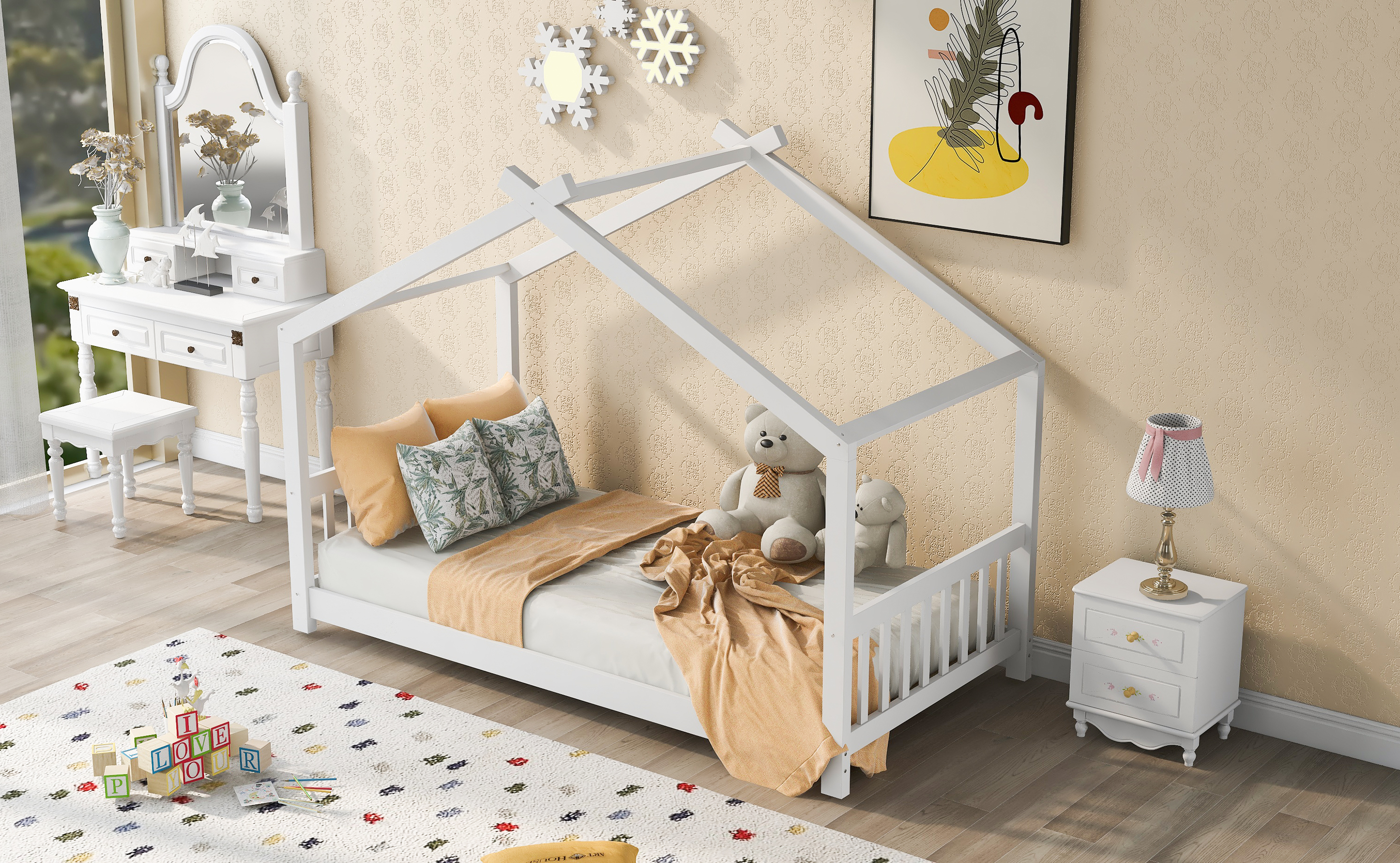 Twin Size White House Platform Bed with Roof Design Headboard and Footboard, Kids Bedroom Furniture
