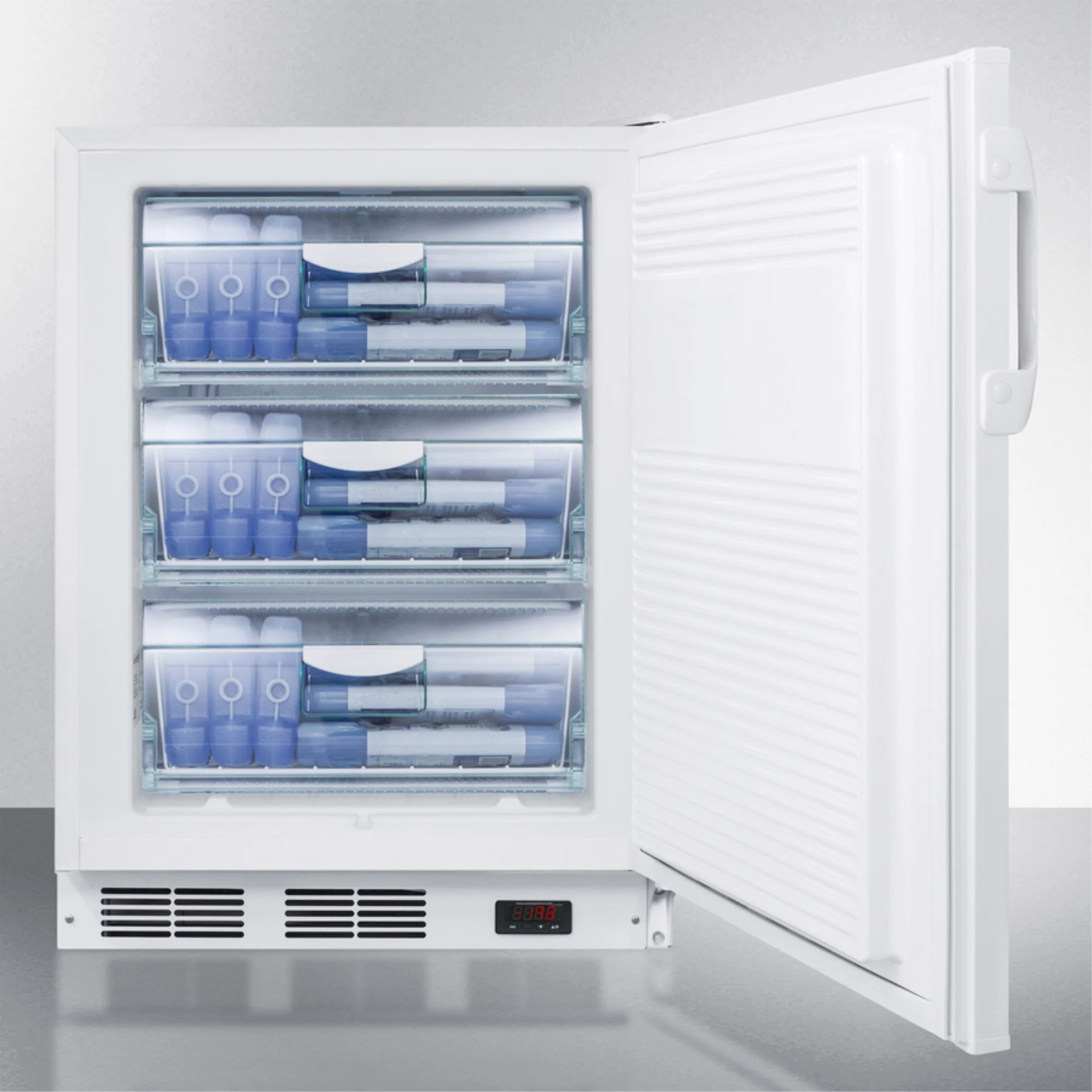 ADA compliant built-in undercounter medical all-freezer capable of -25 C operation, white with front lock