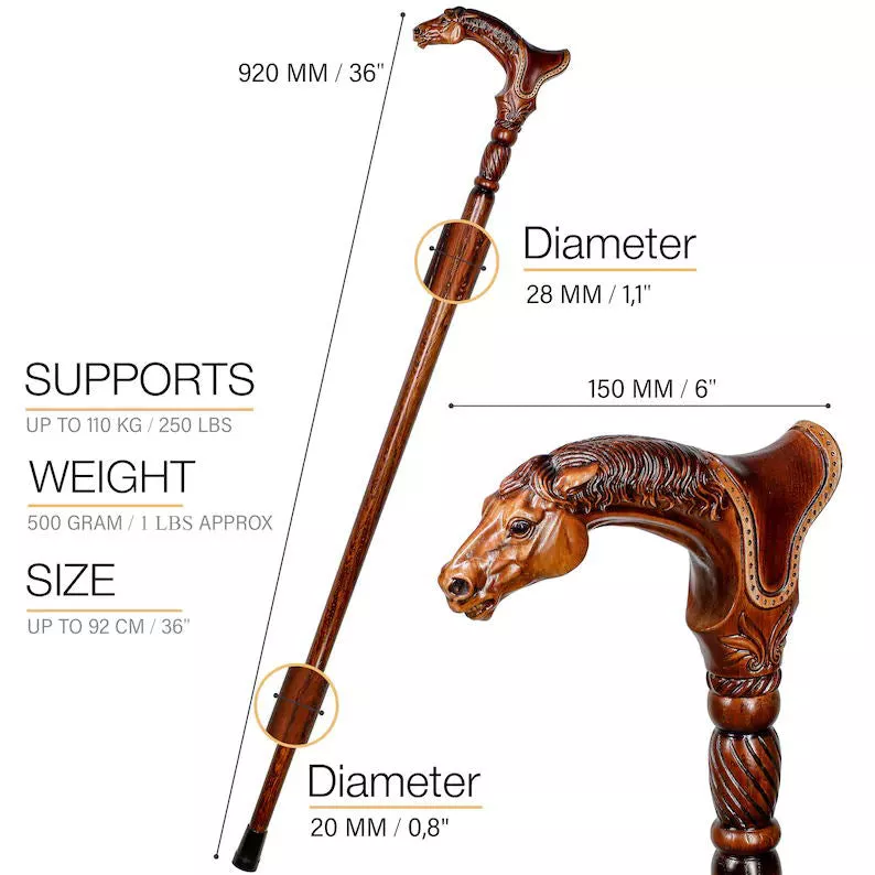 CopyDesigner Art Wooden Cane badass Walking Stick Horse with Saddle, Fancy decorative canes for ladies and men