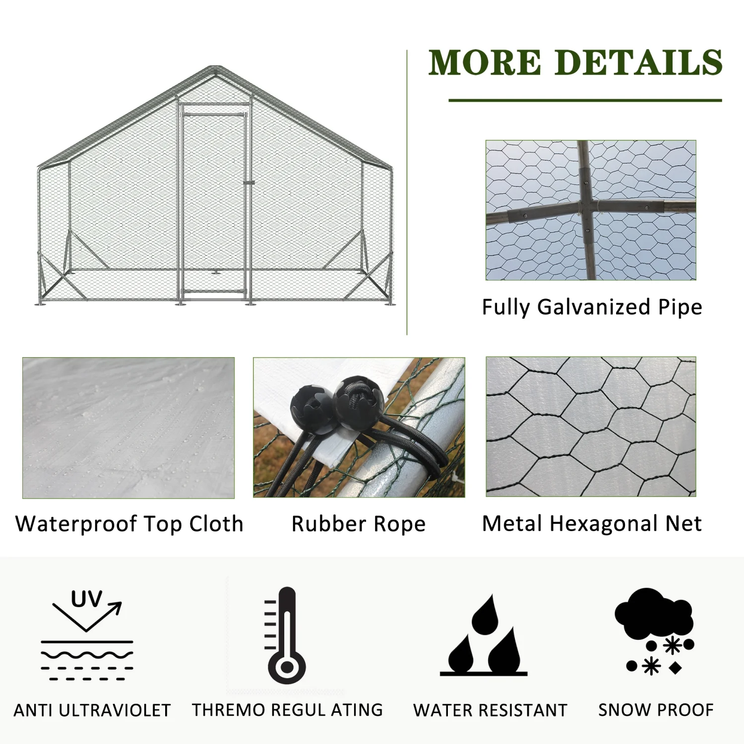 Spacious Large Galvanized Metal Chicken Coop with Waterproof and Anti-Ultraviolet Cover Walk-in Chicken Run and Hen Pen Cage for Rabbits and Ducks Outdoor Wire Poultry Cages (10‘ L x 6.