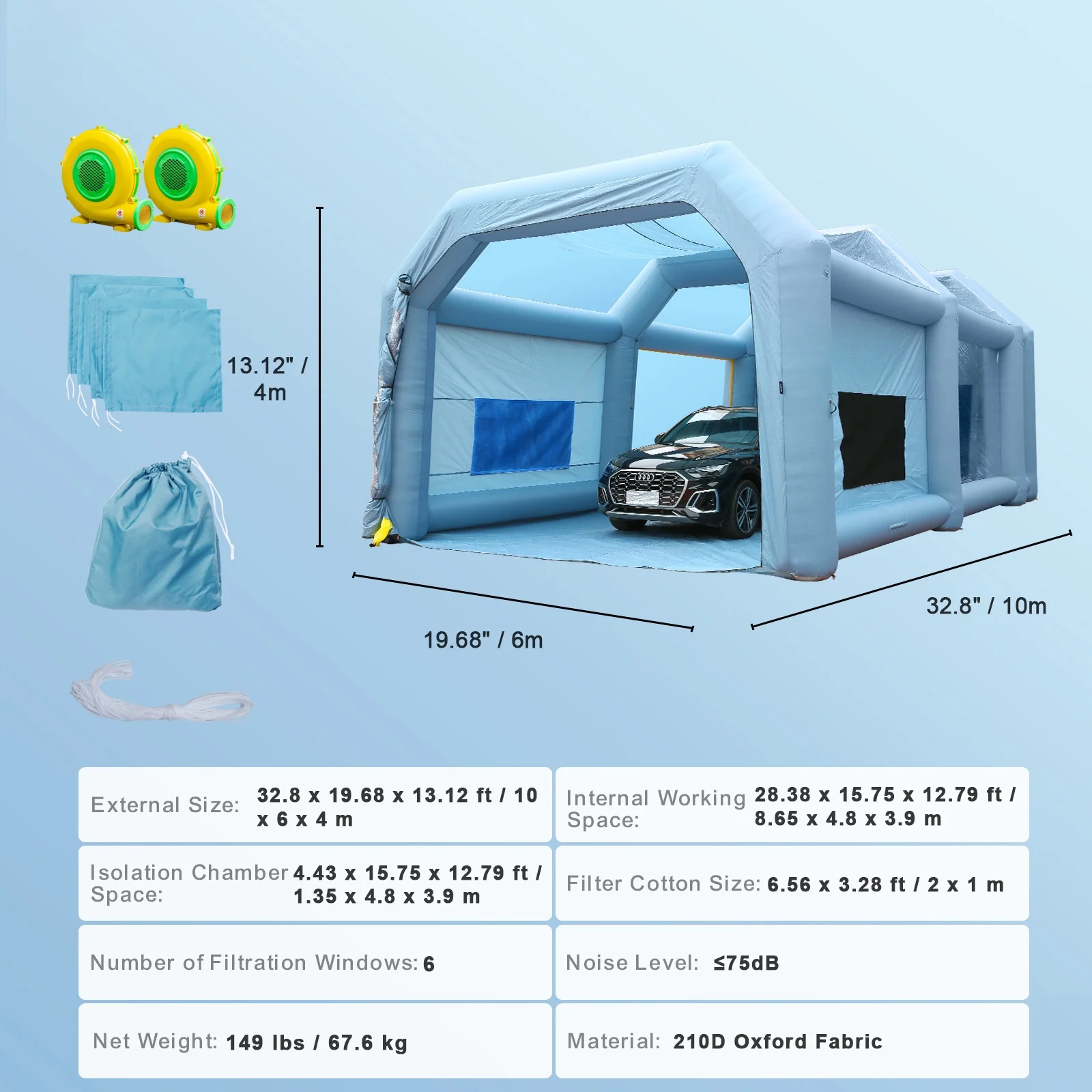 BENTISM Inflatable Paint Booth 30x20x13ft Inflatable Spray Booth Car Paint Tent with 950W+1100W Filter System Blower
