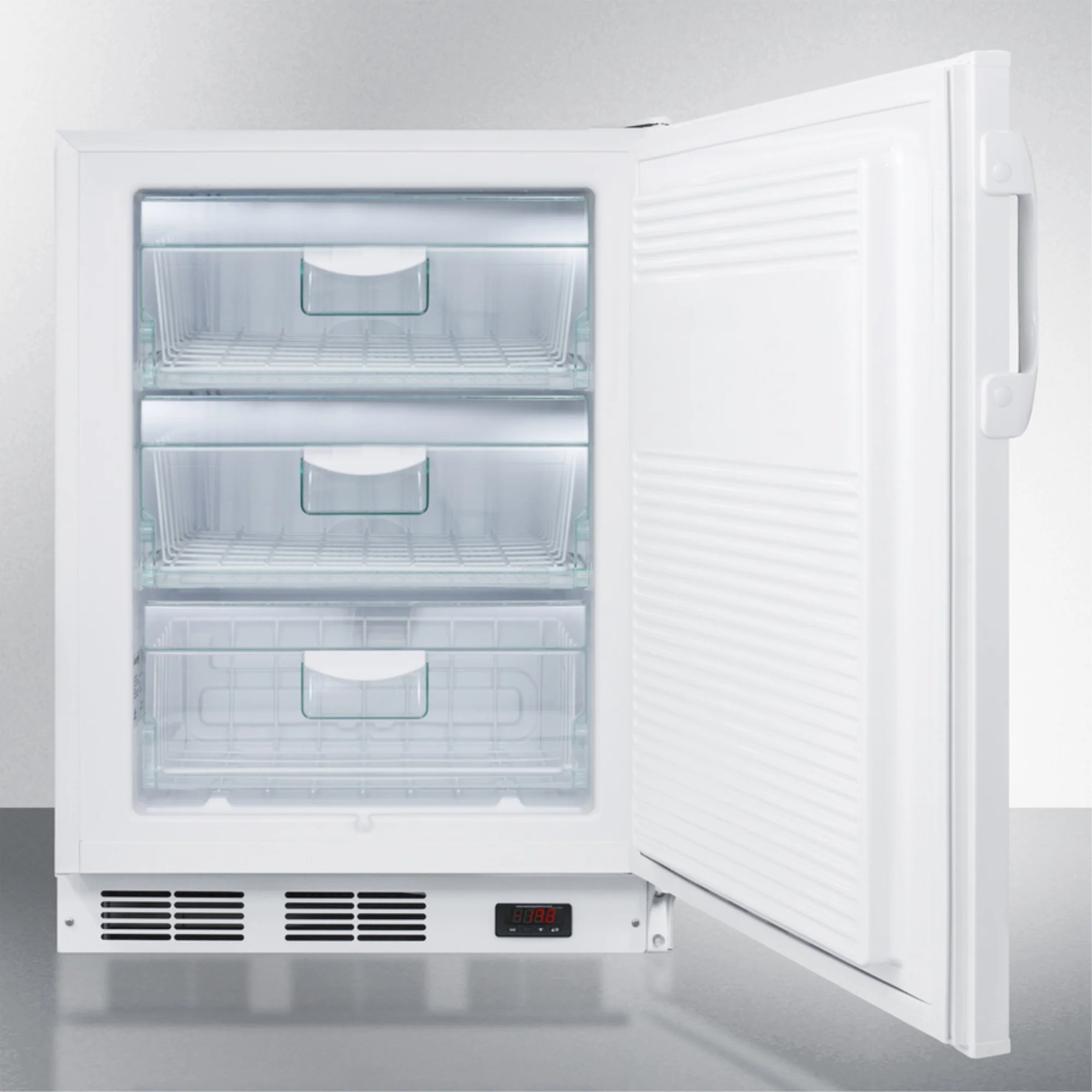 ADA compliant built-in undercounter medical all-freezer capable of -25 C operation, white with front lock