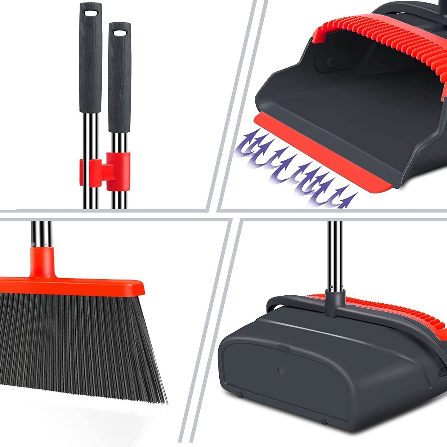 Upgrade Broom and Dustpan Set, Self-Cleaning with Dustpan Teeth, Ideal for Dog Cat Pets Home Use, Super Long Handle Upright Stand Up Broom and Dustpan Set (Gray&Orange)