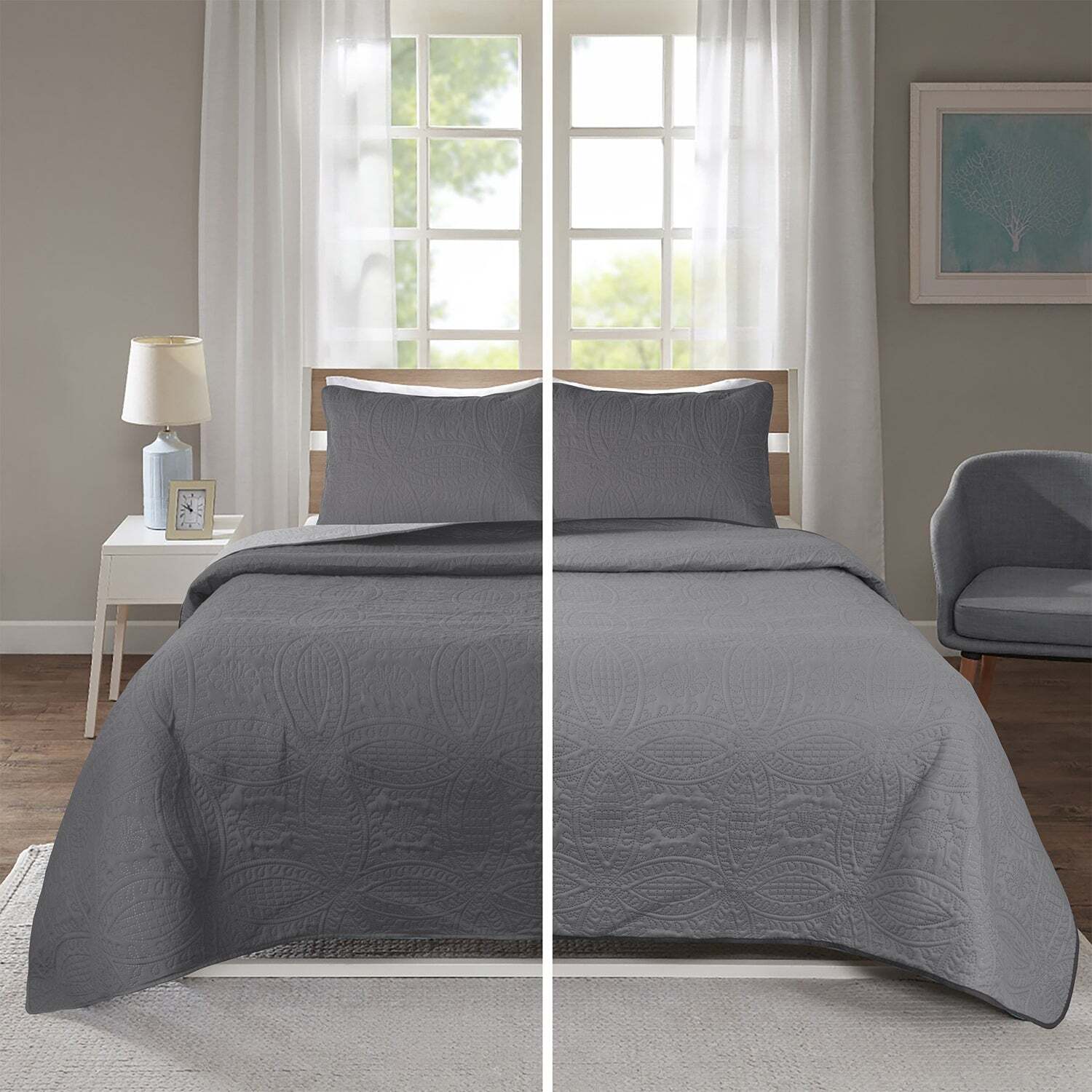 3 Piece Oversized Ultrasonic Embossed Bedspread Set with Coin Medallion Pattern-CARLA
