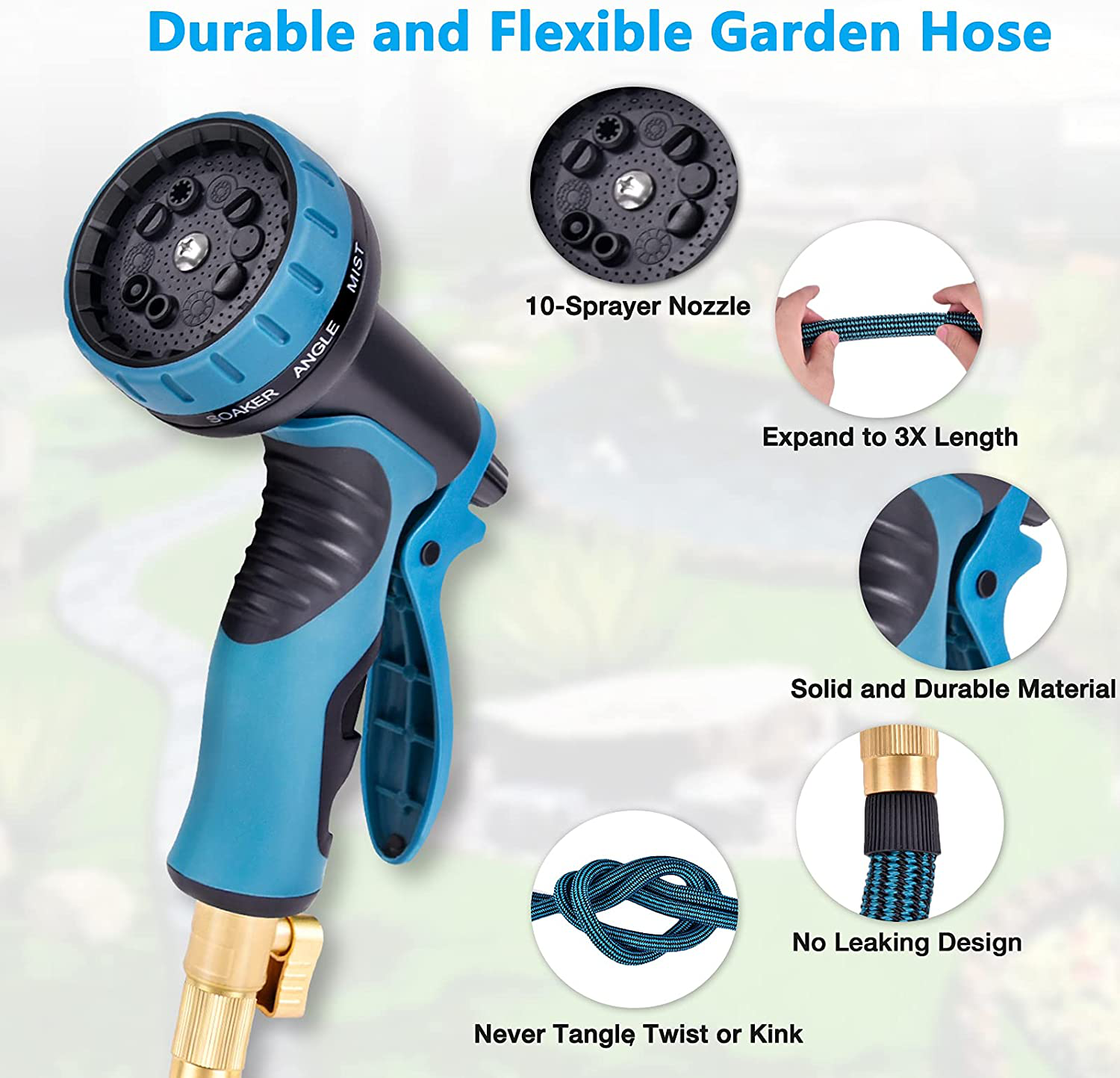 Expandable Garden Hose 50ft with 10 Function Spray Nozzle, Leakproof Flexible Water Hose Design with Solid Brass Connectors, Retractable Hose Expands 3 Times, Easy Storage and Usage