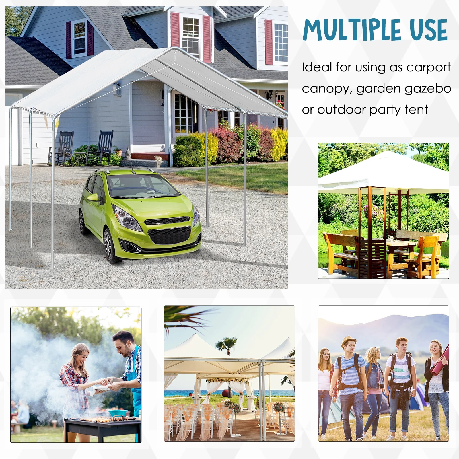 2025 Outsunny 10'x20' Carport Heavy Duty Galvanized Car Canopy with Included Anchor Kit, 3 Reinforced Steel Cables, White