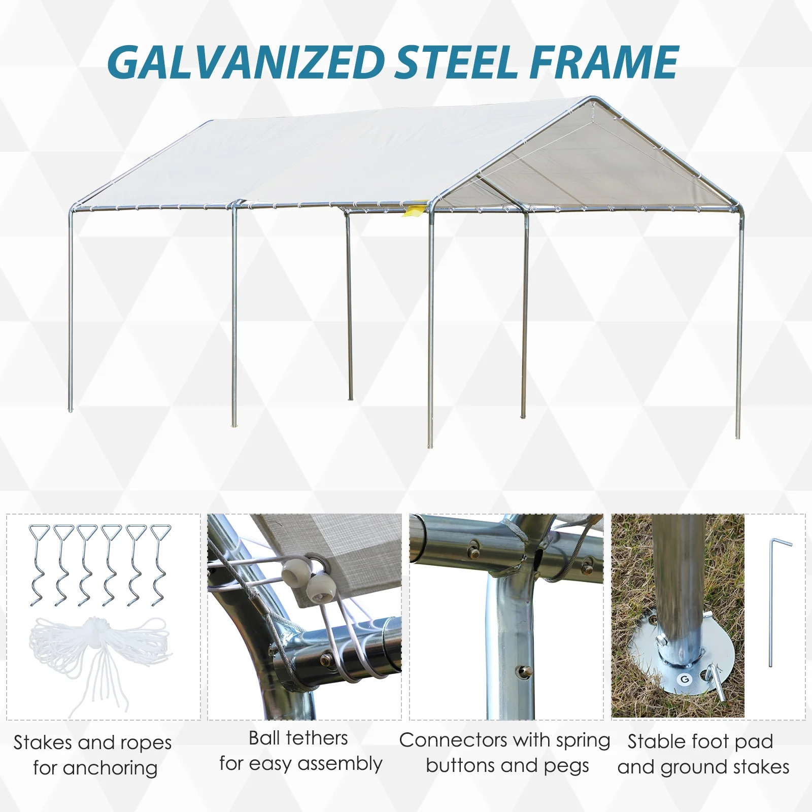 2025 Outsunny 10'x20' Carport Heavy Duty Galvanized Car Canopy with Included Anchor Kit, 3 Reinforced Steel Cables, White
