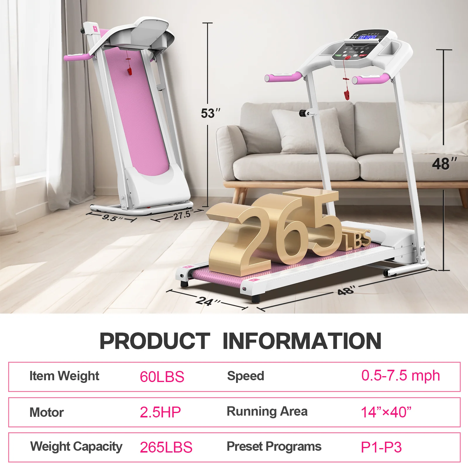 FYC Foldable Treadmills for Home, 2.5 HP, 7.5 MPH, Electric Running Treadmill Quiet Brushless Proform Treadmill for Home Gym, Running Machine with Heart Rate Sensor with LED Display (Pink)
