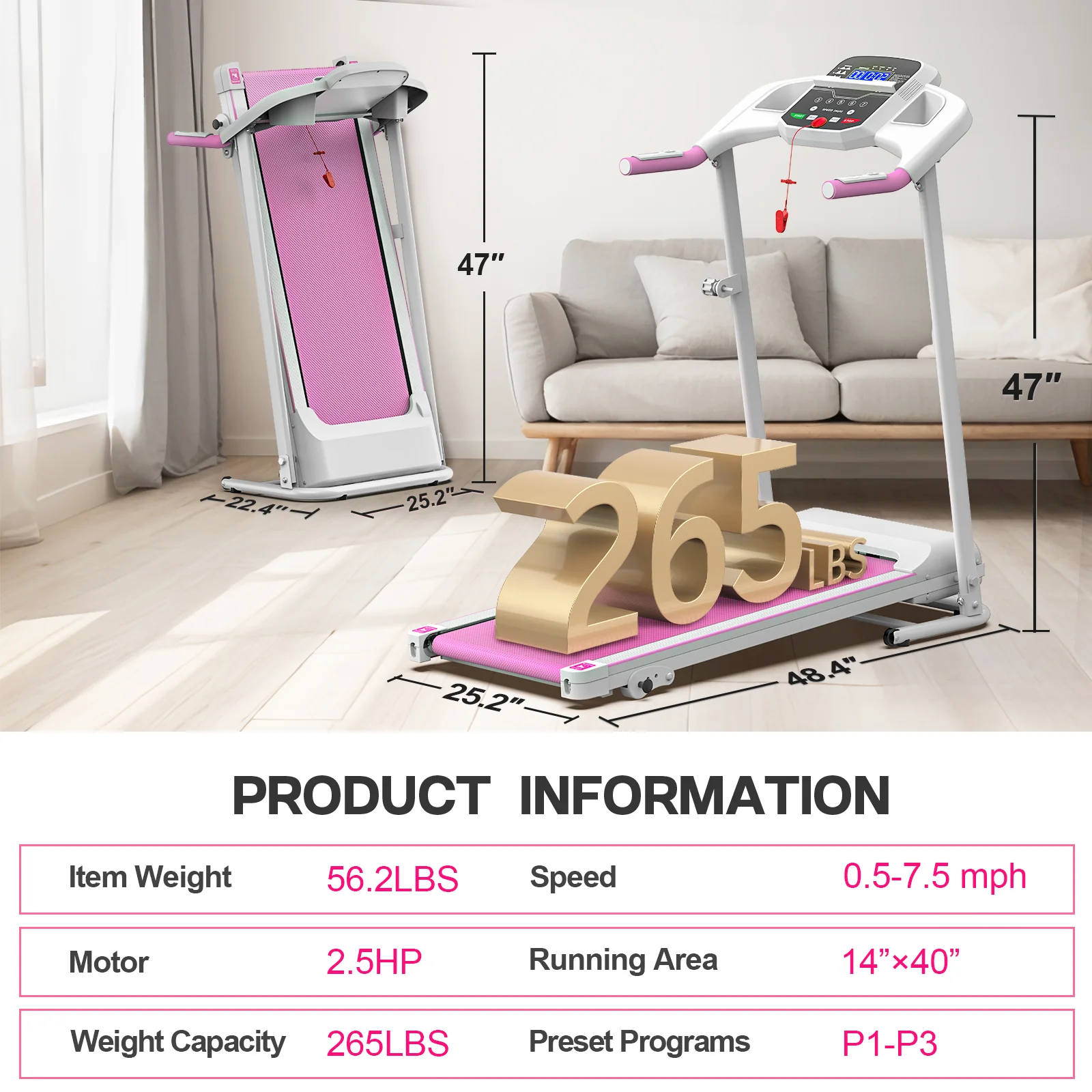 FYC Foldable Treadmills for Home, 2.5 HP, 7.5 MPH, Electric Running Treadmill Quiet Brushless Proform Treadmill for Home Gym, Running Machine with Heart Rate Sensor with LED Display (Pink)