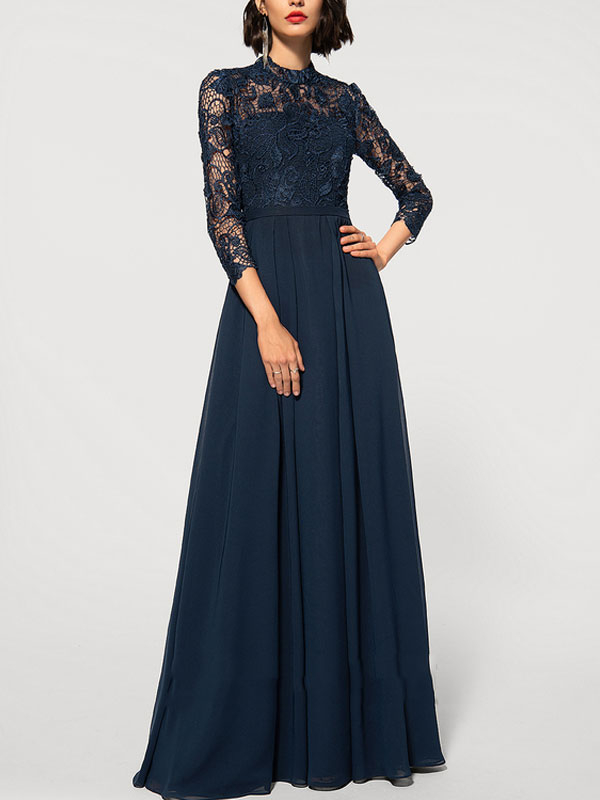 A-Line High Neck Floor-Length Chiffon Lace Evening Dress