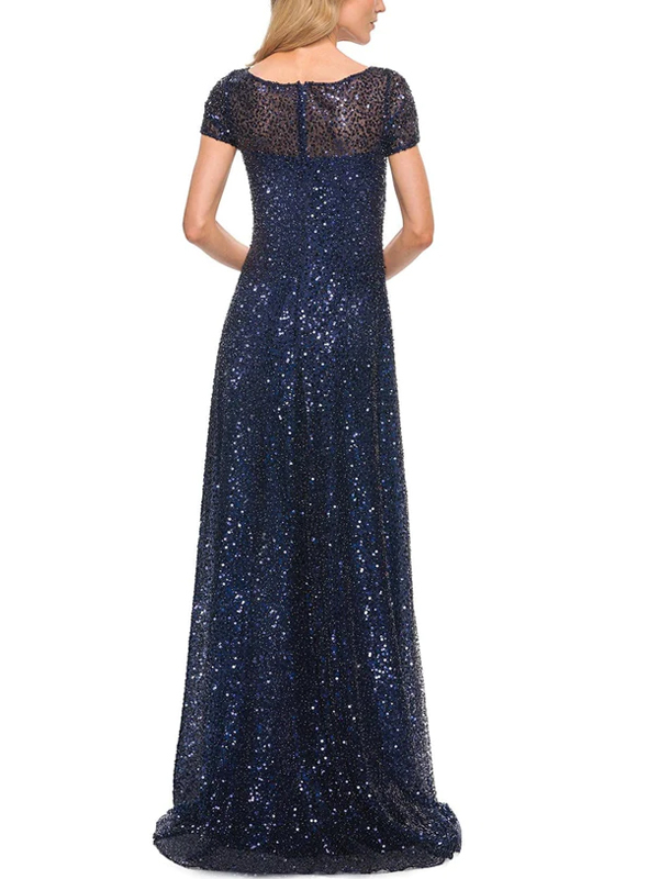 Round neck short sleeve solid sequin maxi dress