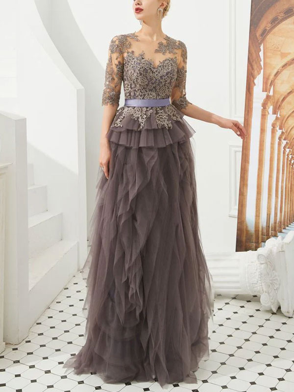 Half Sleeves Floral lace Prom Dress Fur Floor Length Evening Party Dress