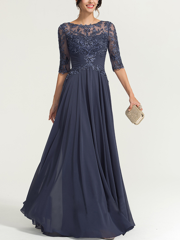 Round neck and floor-length chiffon sequined evening dress