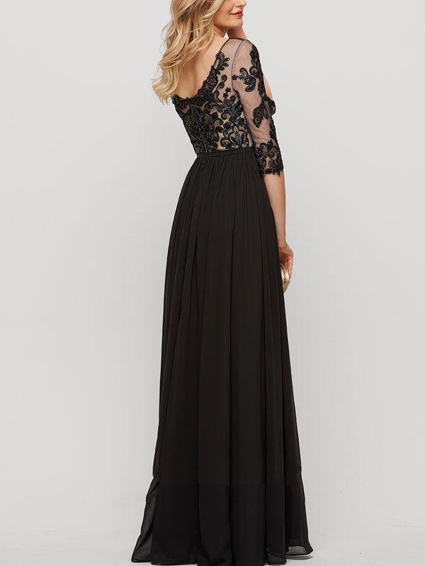 A-line floor length chiffon lace sequin evening dress