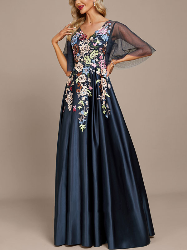 A-Line V-neck Floor-Length Satin Lace Evening Dress