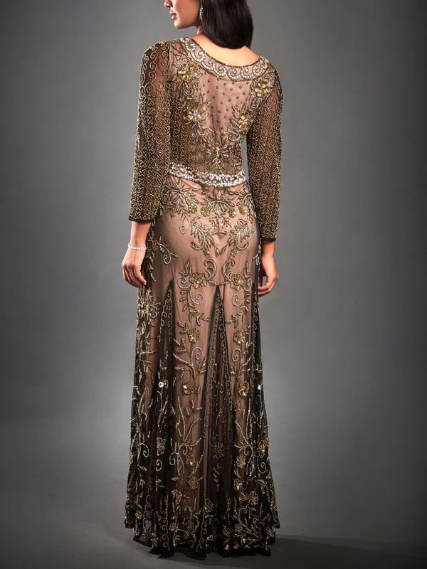 Gatsby style evening dress with heavy beaded sleeves