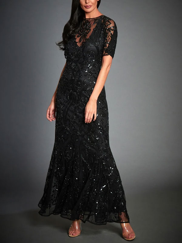 Elegant lace short sleeve evening dress