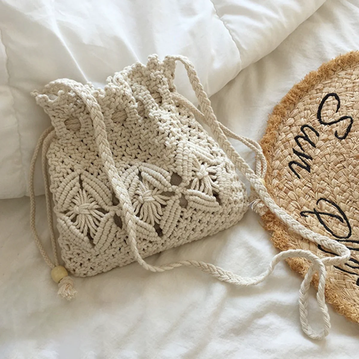 Retro Cotton Macrame Shoulder Drawstring Bag