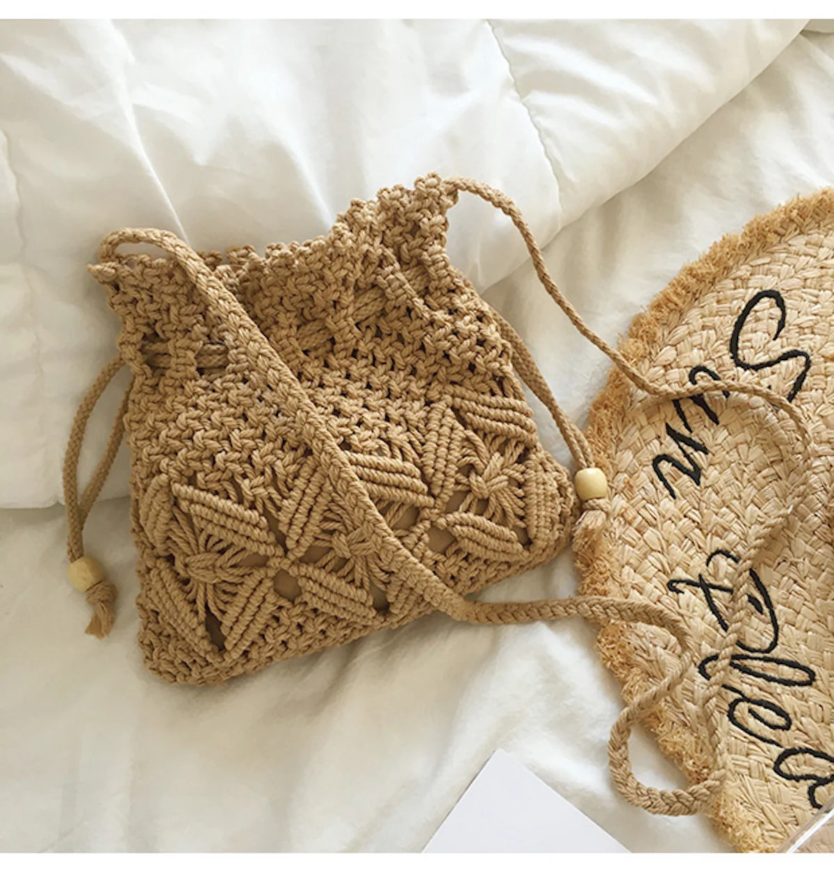 Retro Cotton Macrame Shoulder Drawstring Bag