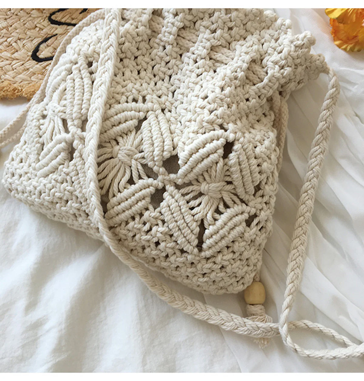 Retro Cotton Macrame Shoulder Drawstring Bag
