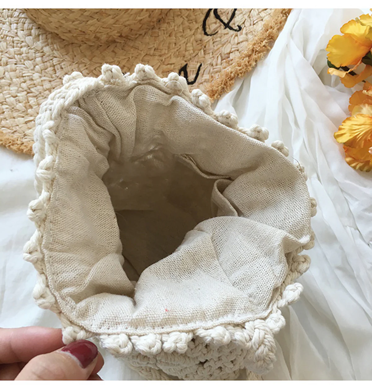 Retro Cotton Macrame Shoulder Drawstring Bag