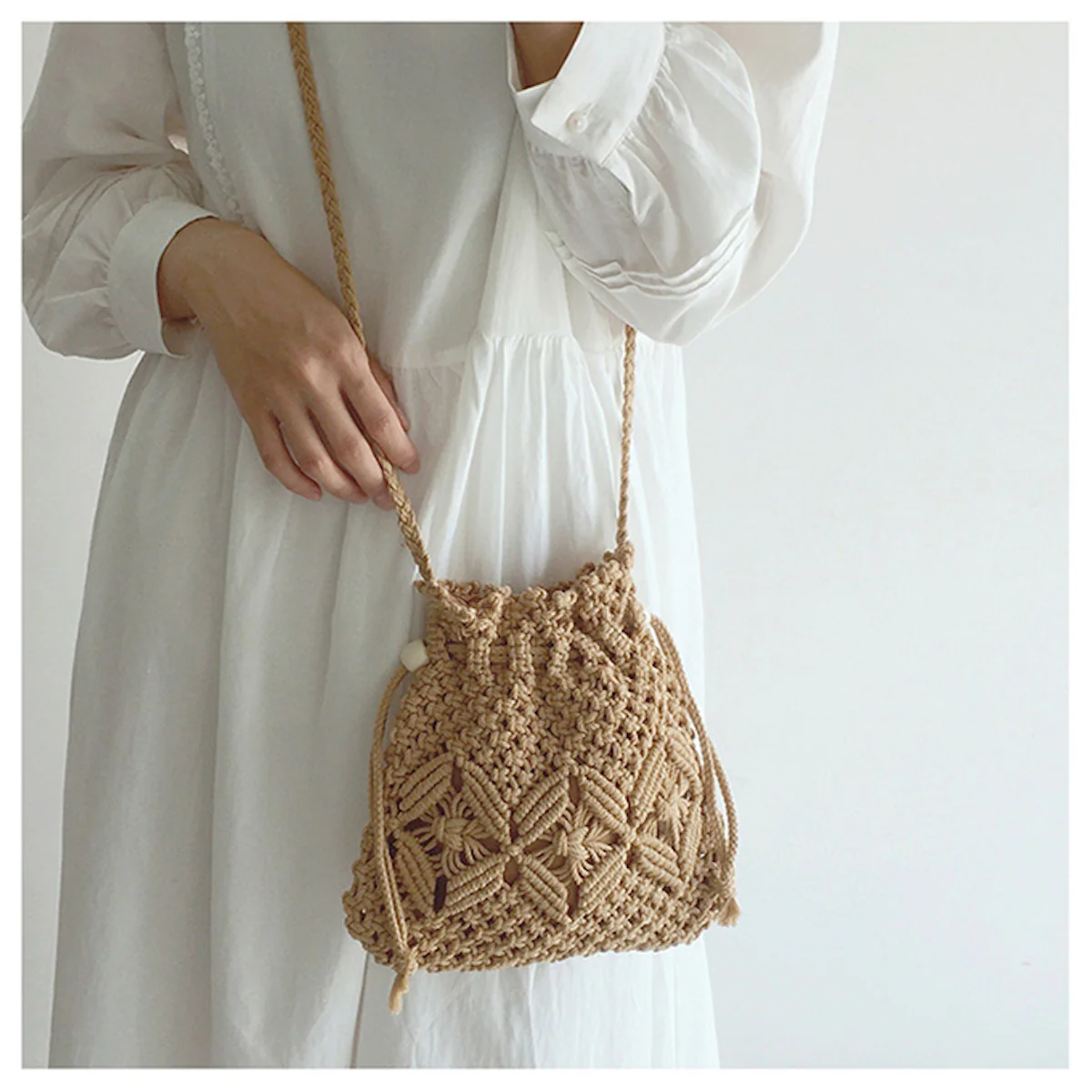 Retro Cotton Macrame Shoulder Drawstring Bag