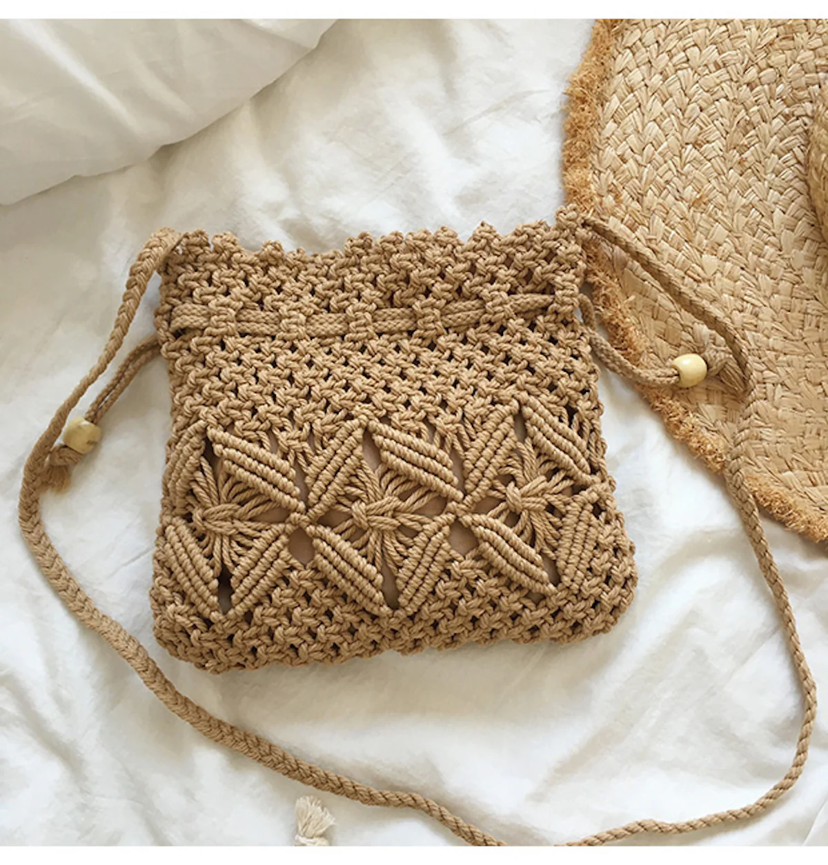 Retro Cotton Macrame Shoulder Drawstring Bag