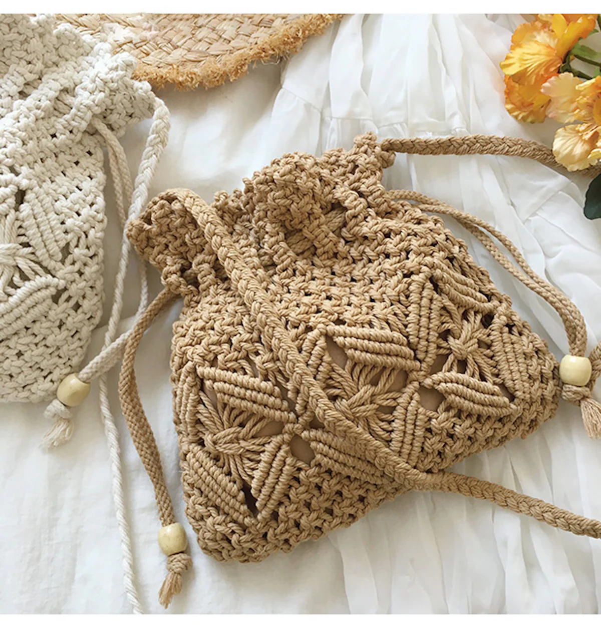 Retro Cotton Macrame Shoulder Drawstring Bag