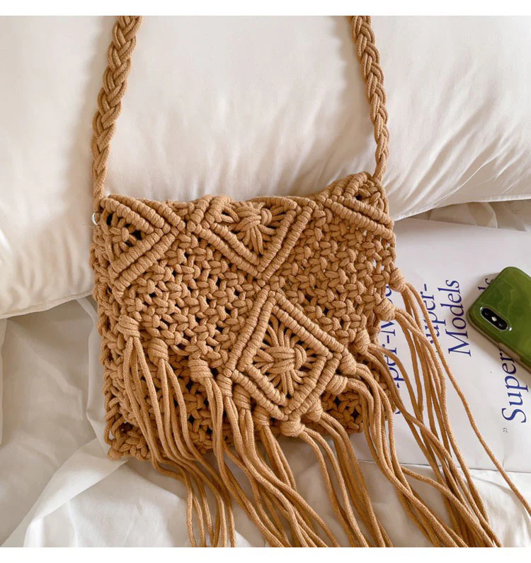 Retro Cotton Macrame Crossbody Bag with Tassels