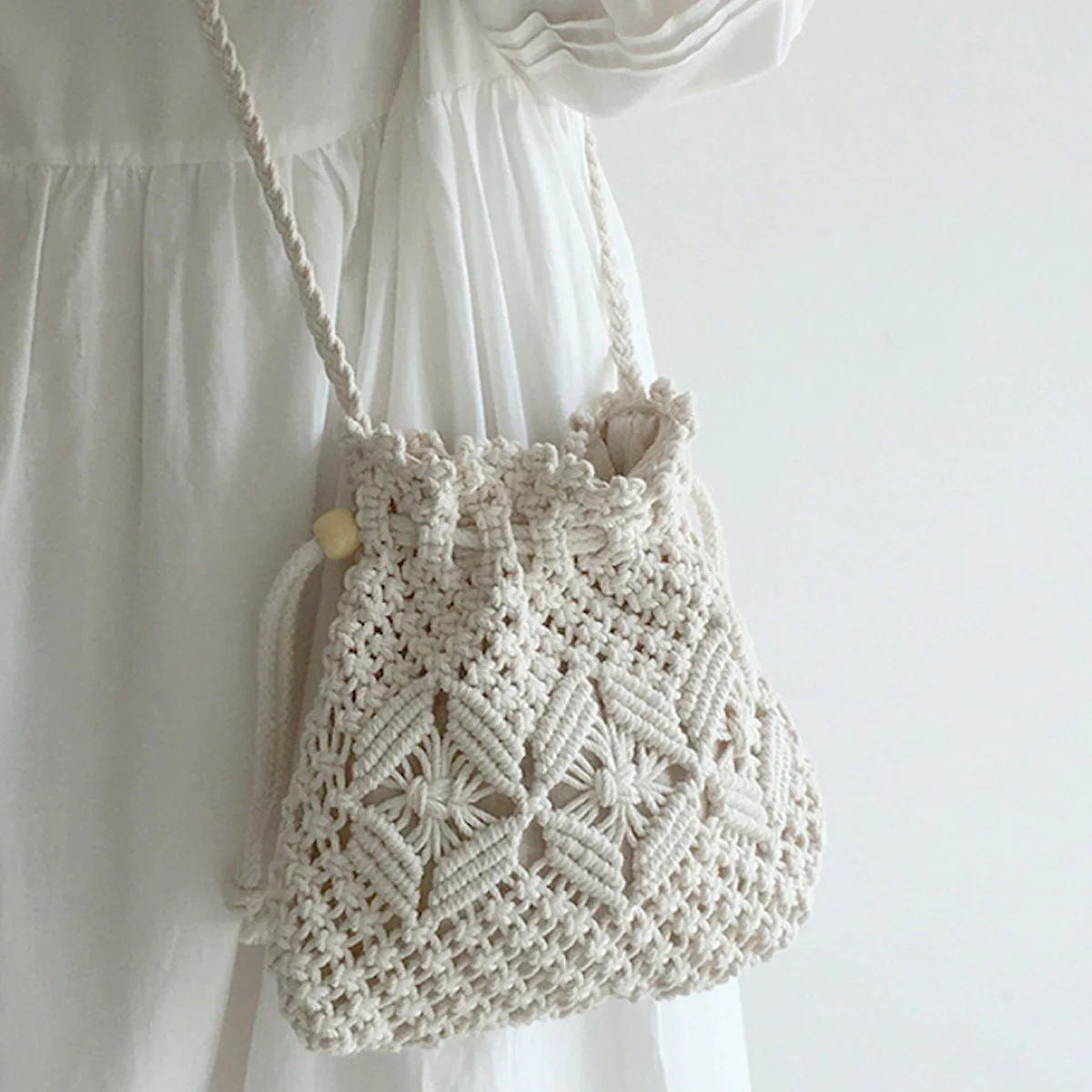 Retro Cotton Macrame Shoulder Drawstring Bag
