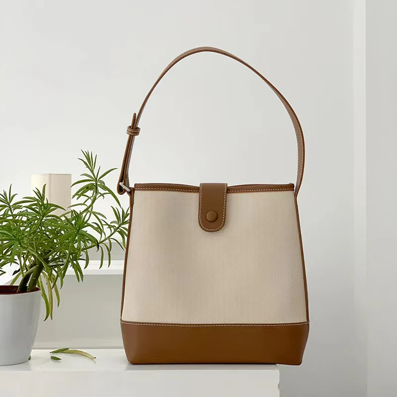 Canvas Bucket Bag with Leather Accent