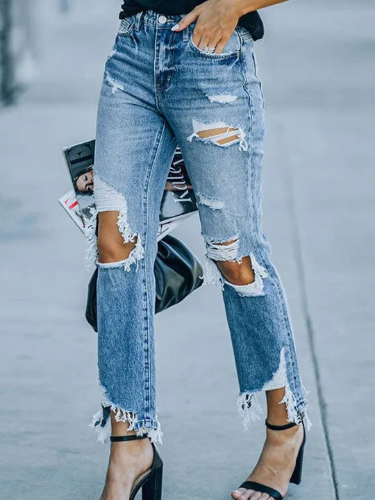 Ripped Jeans For Women European And American Personalized Knee-exposed Tight High Waist Trousers For Women