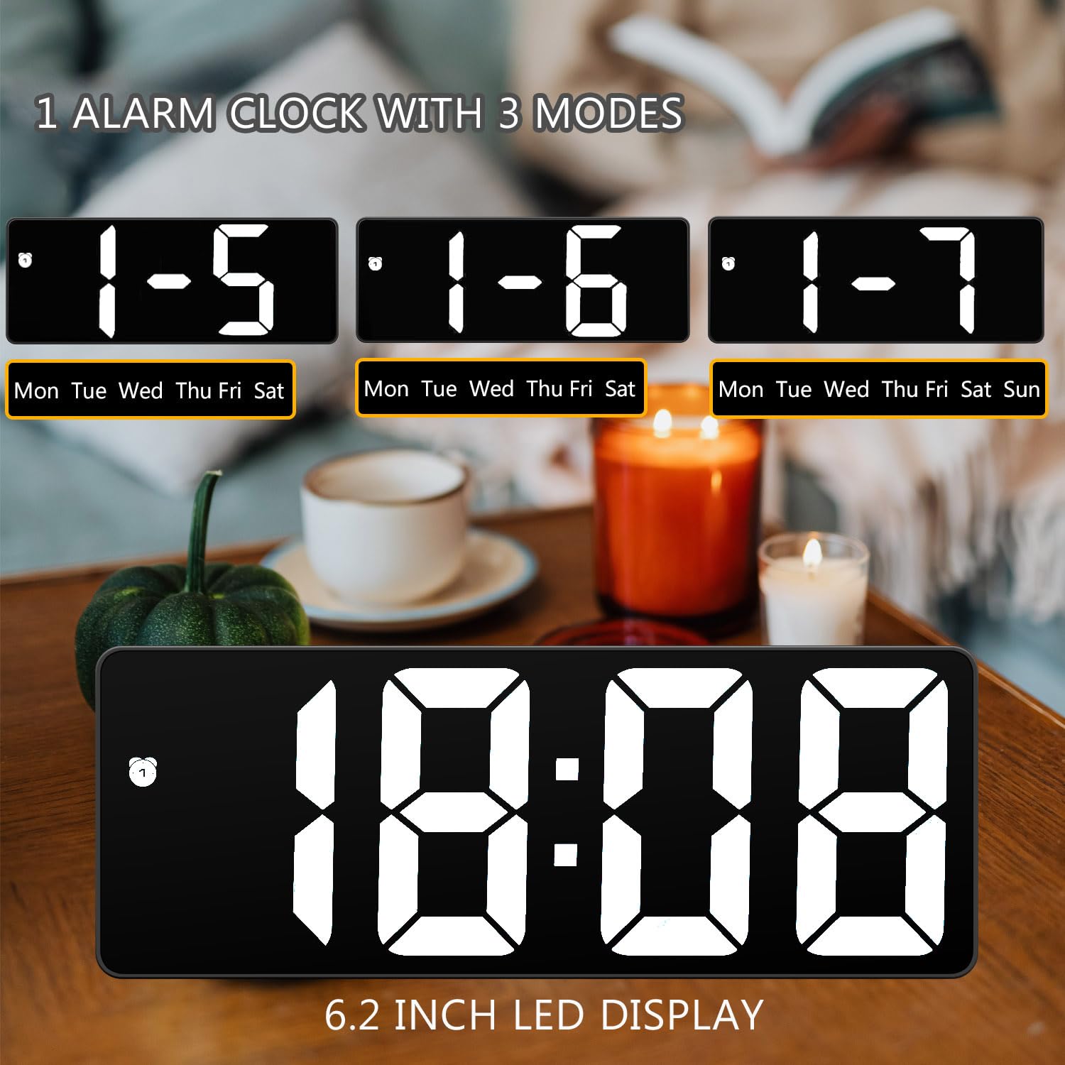 Digital Alarm Clock for Bedrooms, 6.5 inch LED Display with White Digits, 3 Levels Brightness Adjustable, Desk Alarm, Table Clock with 1 Alarm, 12/24H, Temperature, Corded Powered(White)