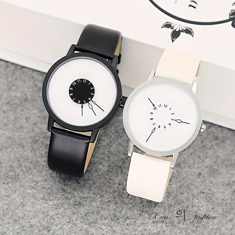 Casual Round Pointer Quartz Watch Creative Analog Wristwatch With PU Leather Strap, Gift For Women Men Teens Students