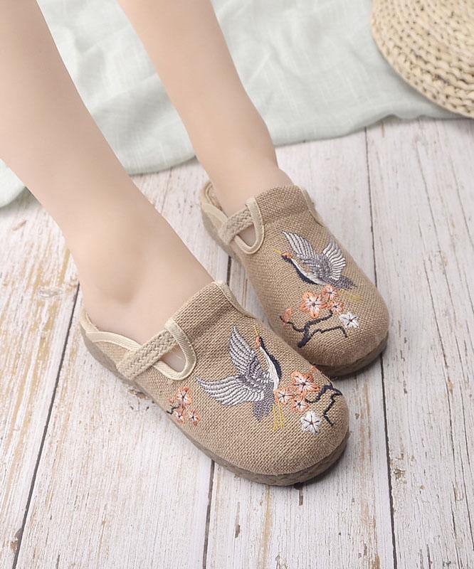 Casual Khaki Embroidered Linen Fabric Slippers Shoes
