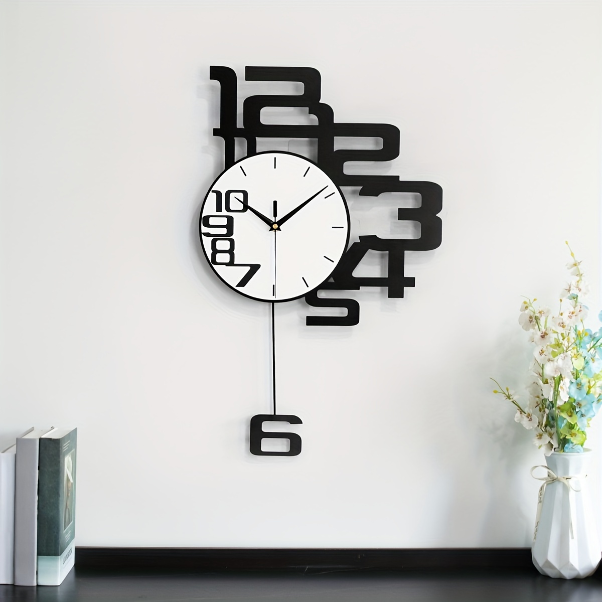 1pc Modern Minimalist Personality Metal Wood Creative Wall Clock, Large Battery Operated Clock For Living Room, Kitchen, Bedroom