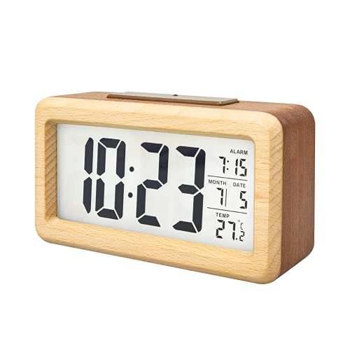 everwood Wooden Digital Alarm Clocks for Bedrooms Battery Operated, Wooden LCD Digital Clock with Smart Sensor Night Light, Temperature Detect, Snooze Function