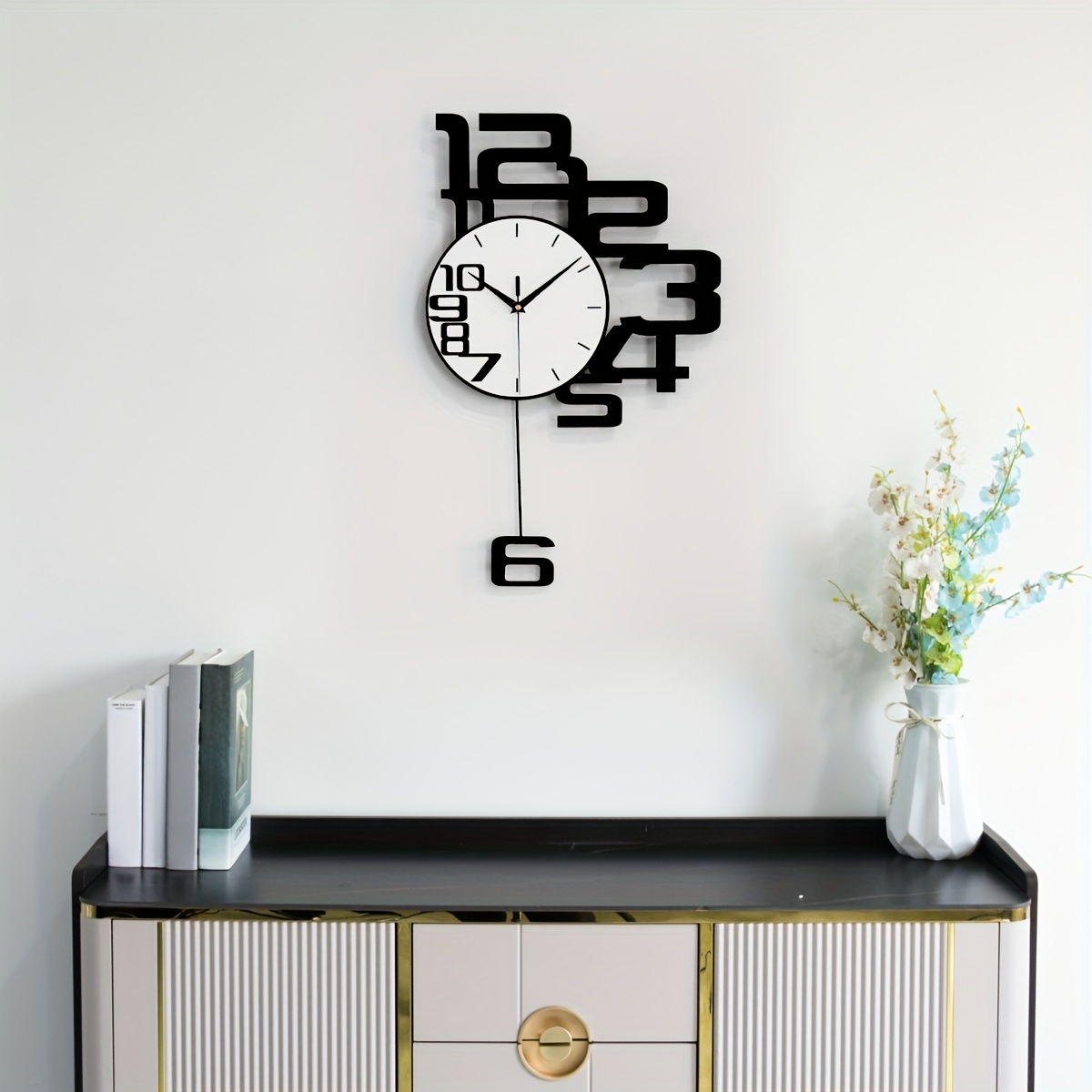 1pc Modern Minimalist Personality Metal Wood Creative Wall Clock, Large Battery Operated Clock For Living Room, Kitchen, Bedroom