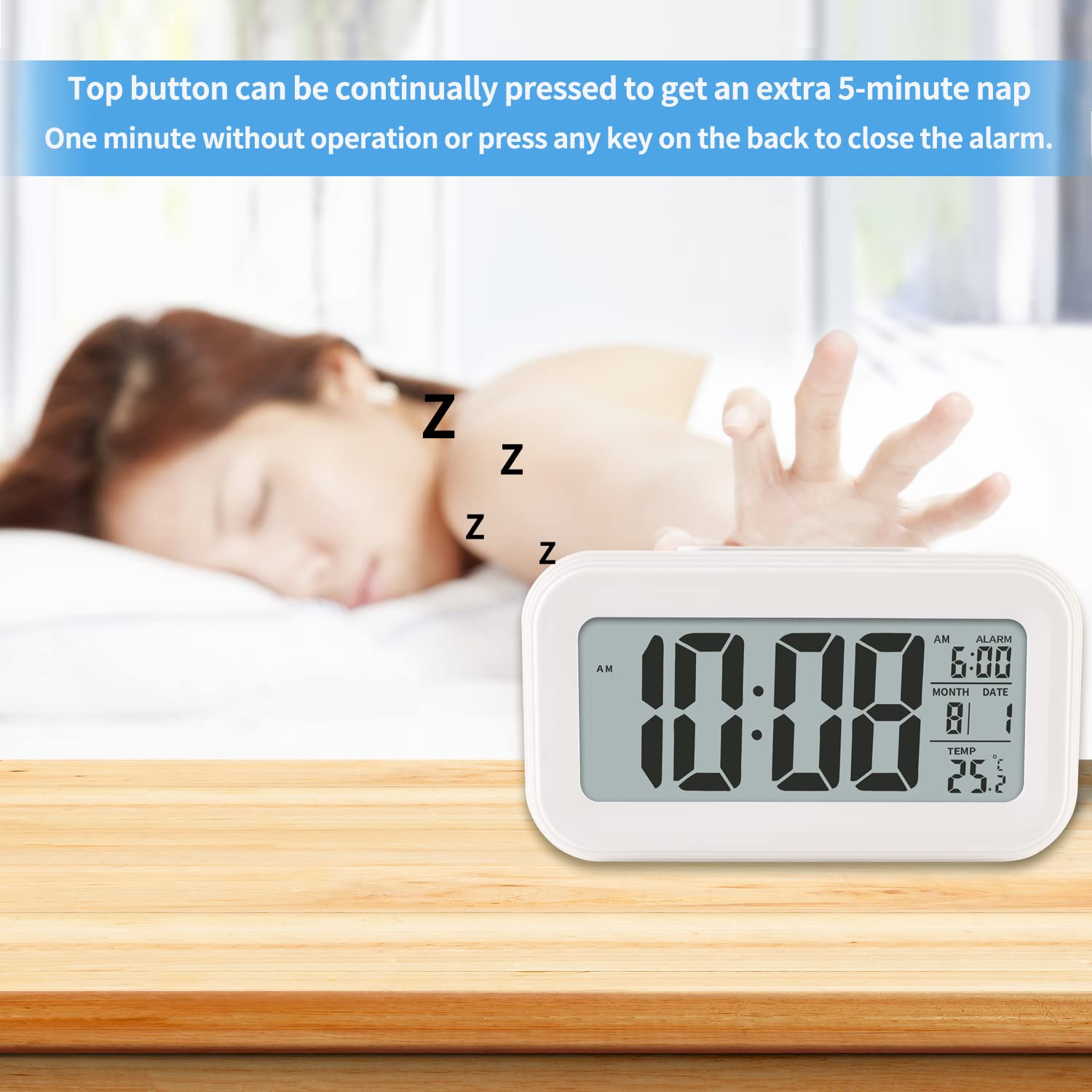 Digital Alarm Clock with Indoor Temperature, Battery Operated,Snooze Model,12/24H Display for Bedrooms Heavy Sleepers Kids Travel Bathroom Desk Smart Clock