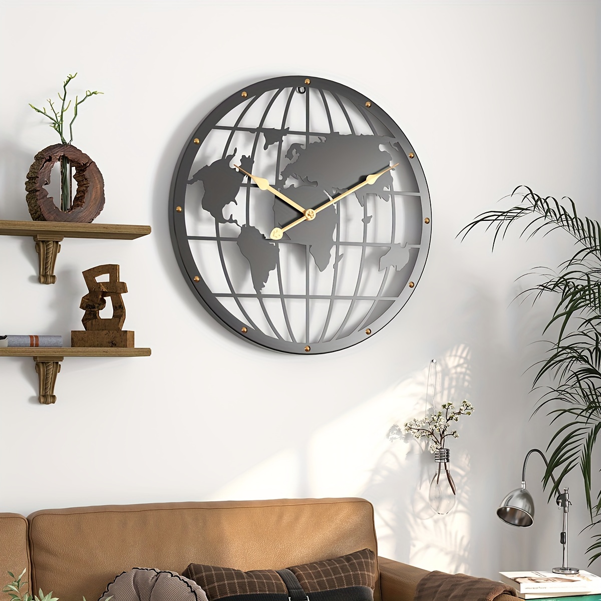1pc Clock, Large 16-Inch World Map Wall Clock With Golden Numerals, Silent Metal Iron Art Decorative Clock For Living Room And Bedroom, Modern Global Map Design Wall Decor, Home Supplies