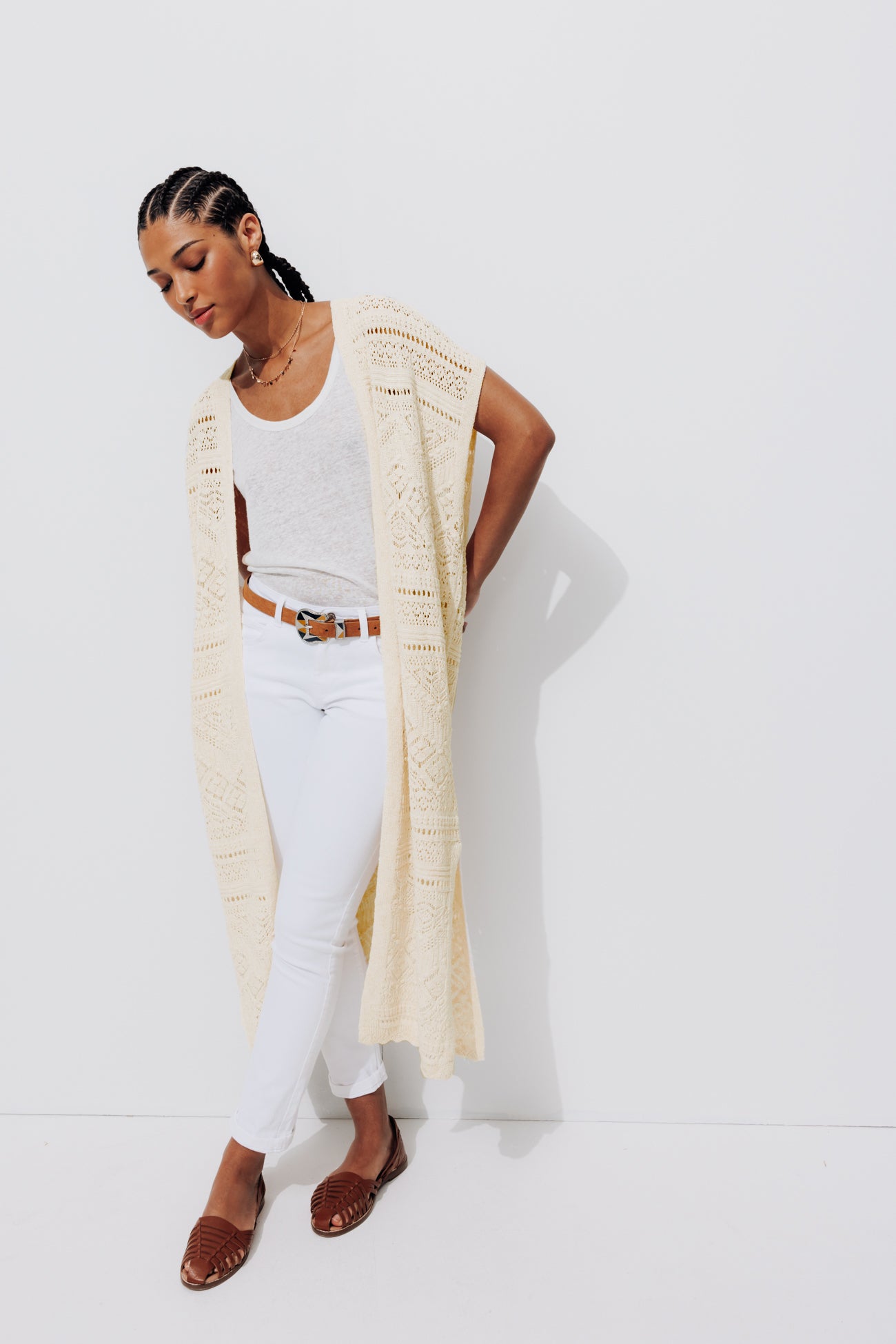 Long crochet cardigan - Ecru