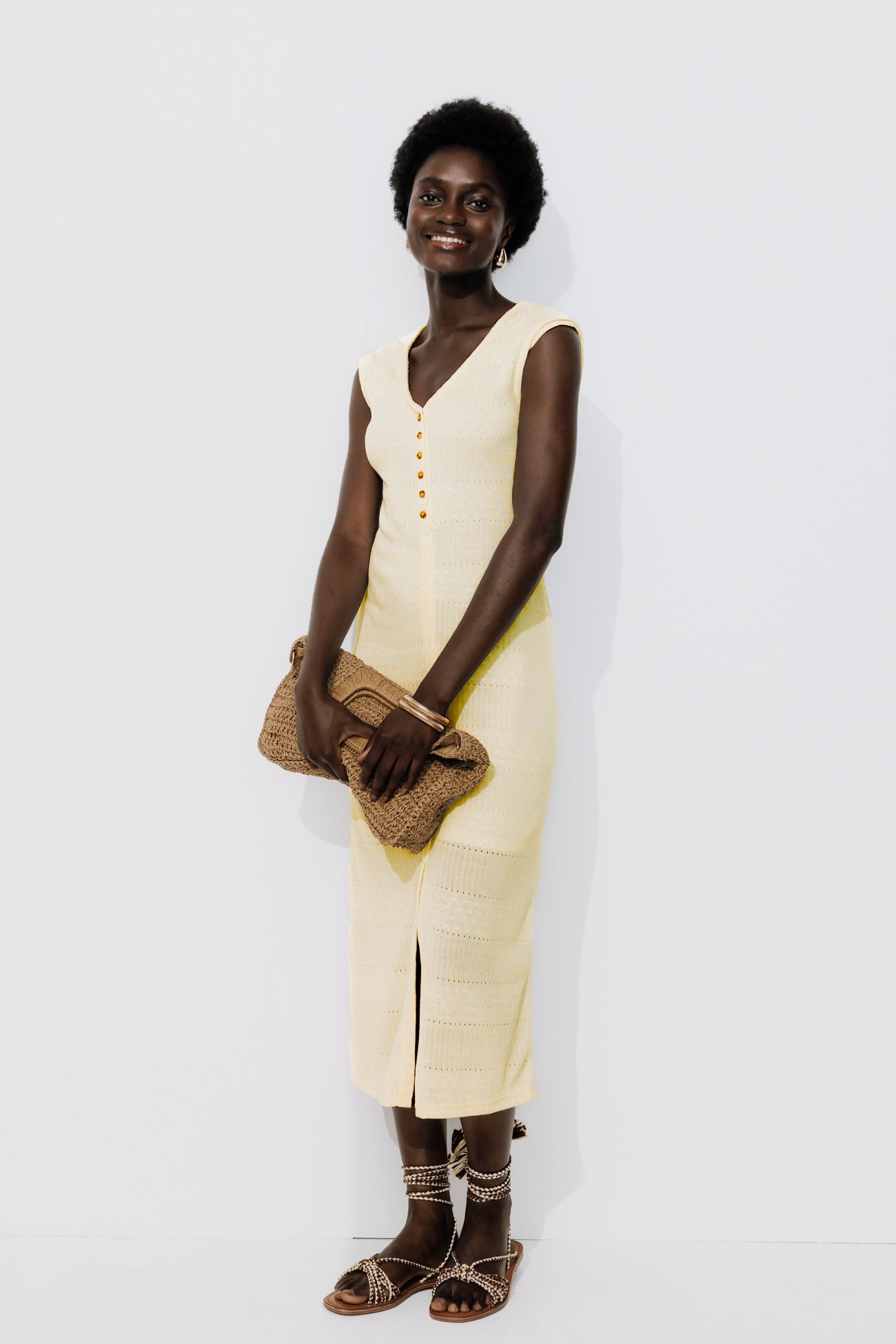 Long pointelle effect dress - Beige